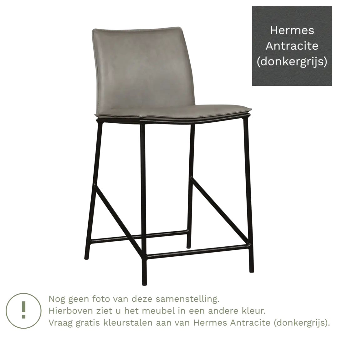 afbeelding van Leren barkruk laag Favor - Hermes Antracite (donkergrijs) - poten staal rond zwart